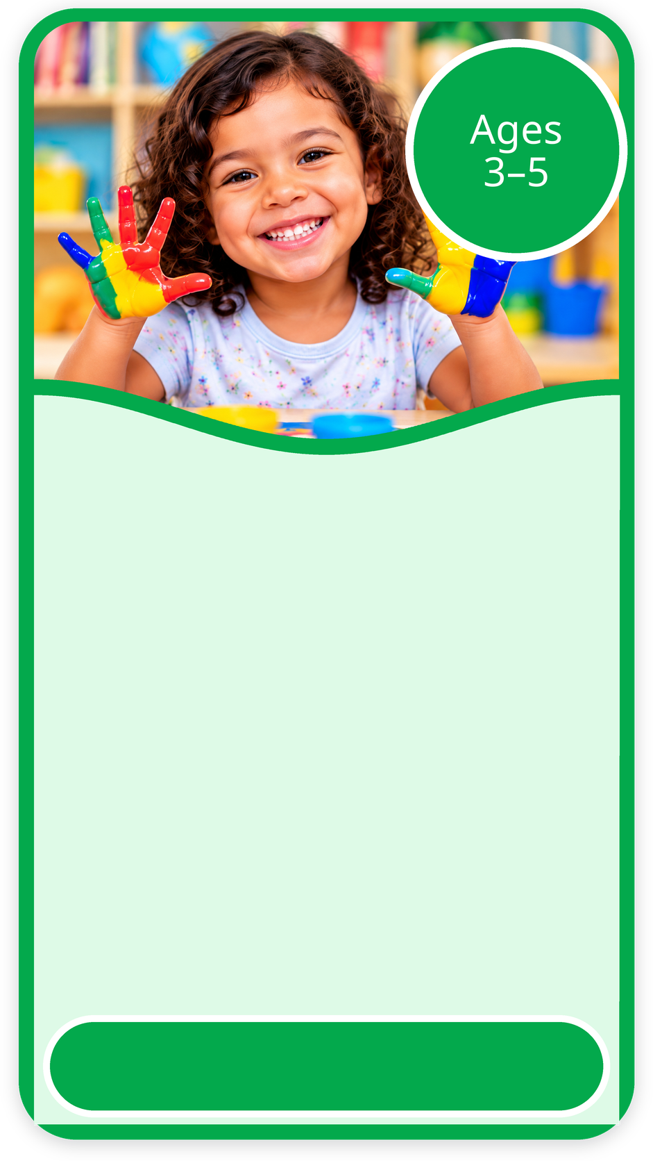 Smiling preschool child with painted hands, ages 3 to 5