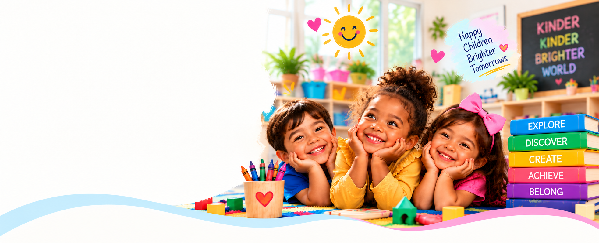 Three smiling children in a colorful classroom beside books labeled Explore, Discover, Create, Achieve, and Belong