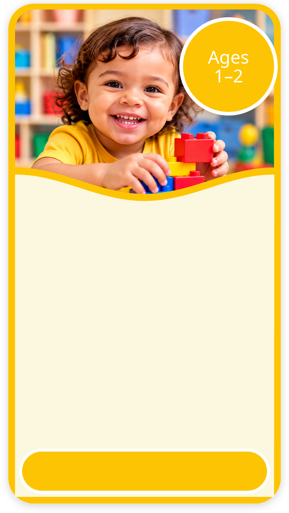 Smiling toddler playing with blocks, ages 1 to 2